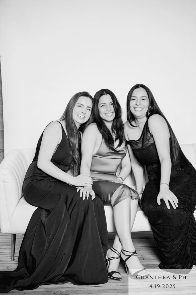 Wedding guest portrait on the Portrait Lounge sofa set at Chanthra and Phi's wedding (black and white)