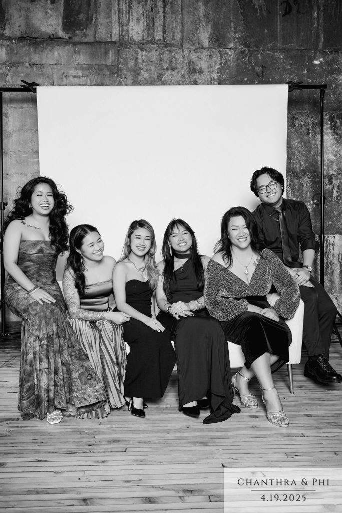 Wedding guest portrait on the Portrait Lounge sofa set at Chanthra and Phi's wedding (black and white)
