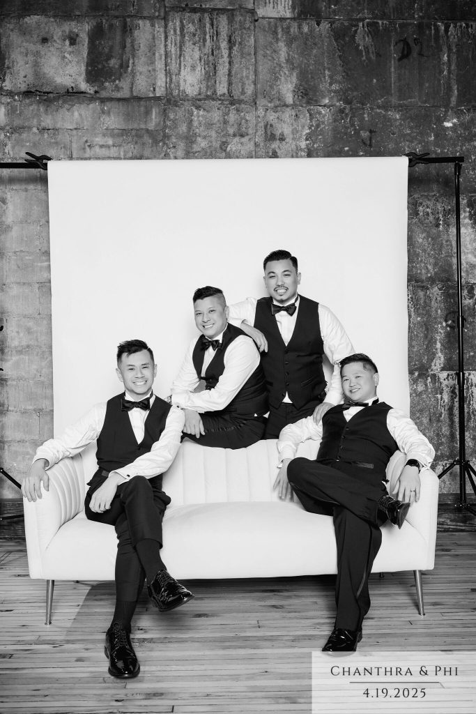 Wedding guest portrait on the Portrait Lounge sofa set at Chanthra and Phi's wedding (black and white)