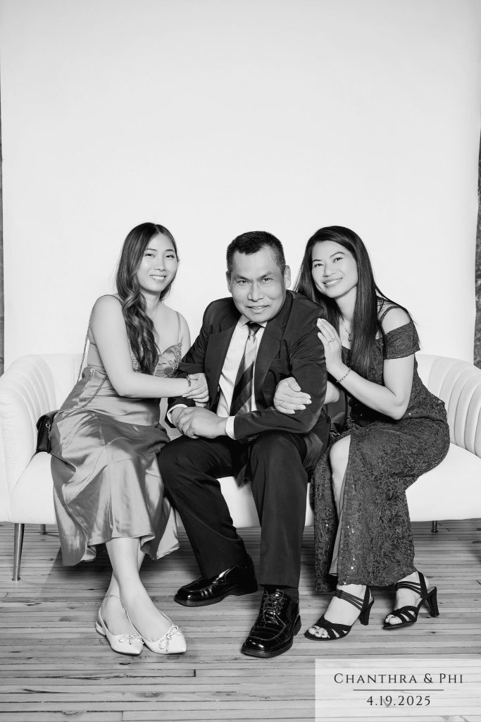 Wedding guest portrait on the Portrait Lounge sofa set at Chanthra and Phi's wedding (black and white)
