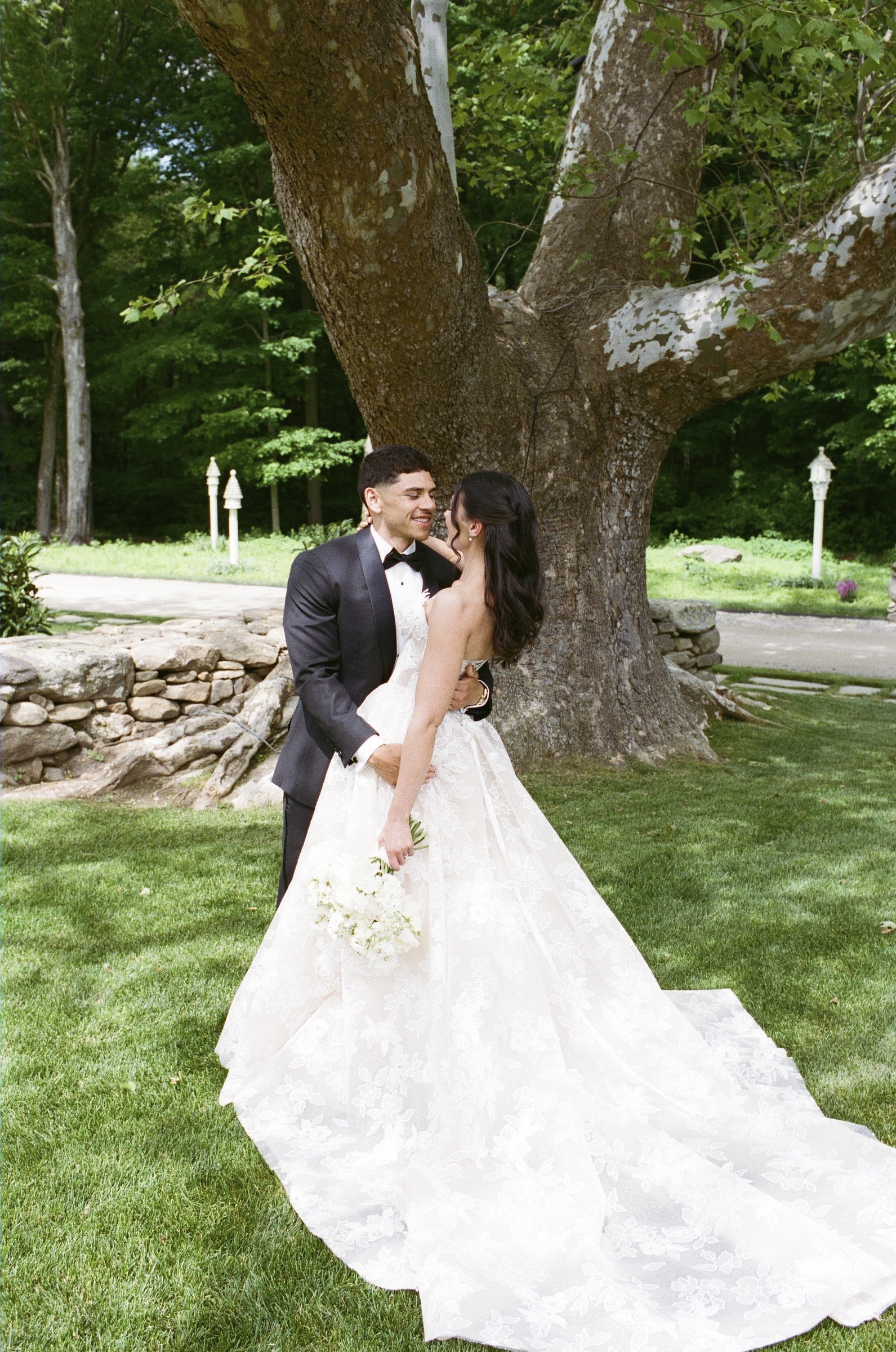 Kayla and Avery walking under the maple tree at Smith Farm Gardens, on 35mm film