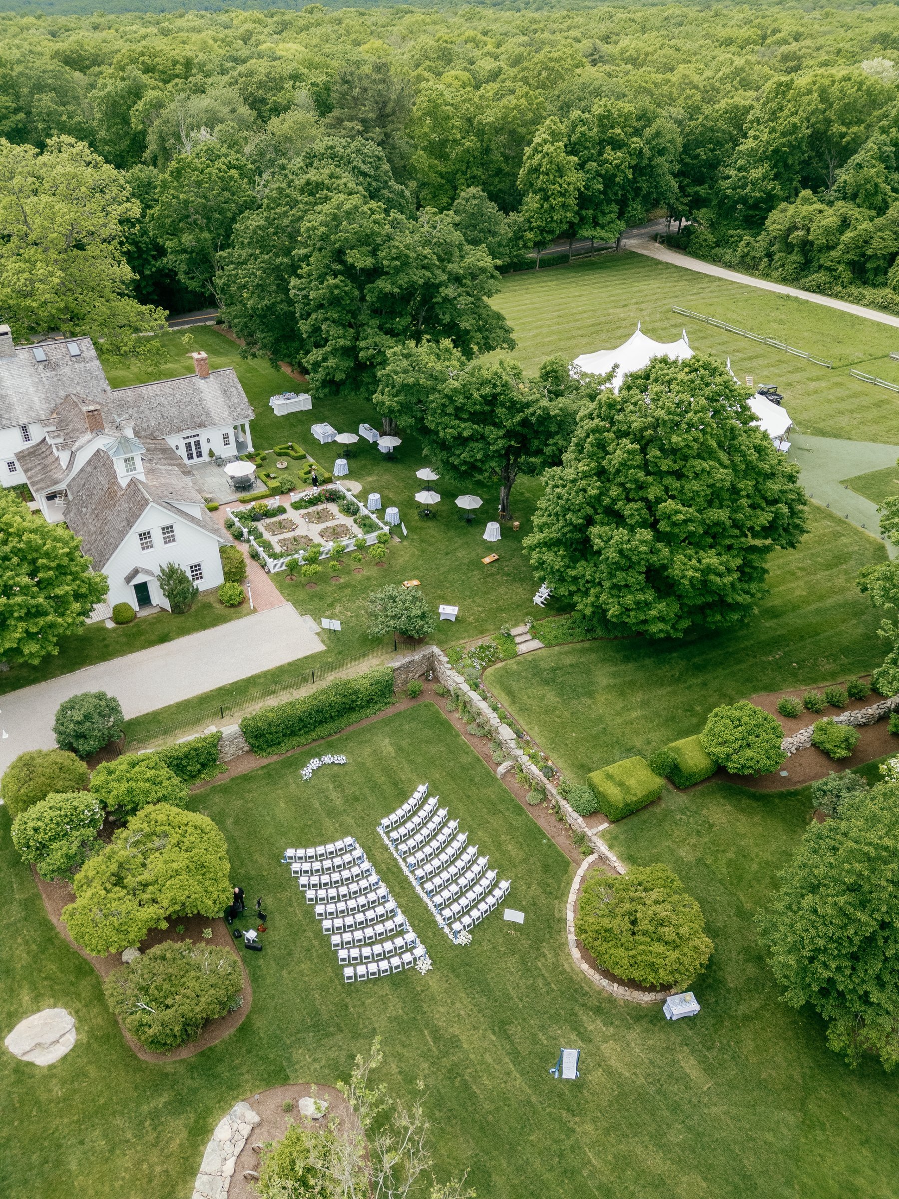 Smith Farm Gardens from above: the house, the gardens and the ceremony chairs on the lawn