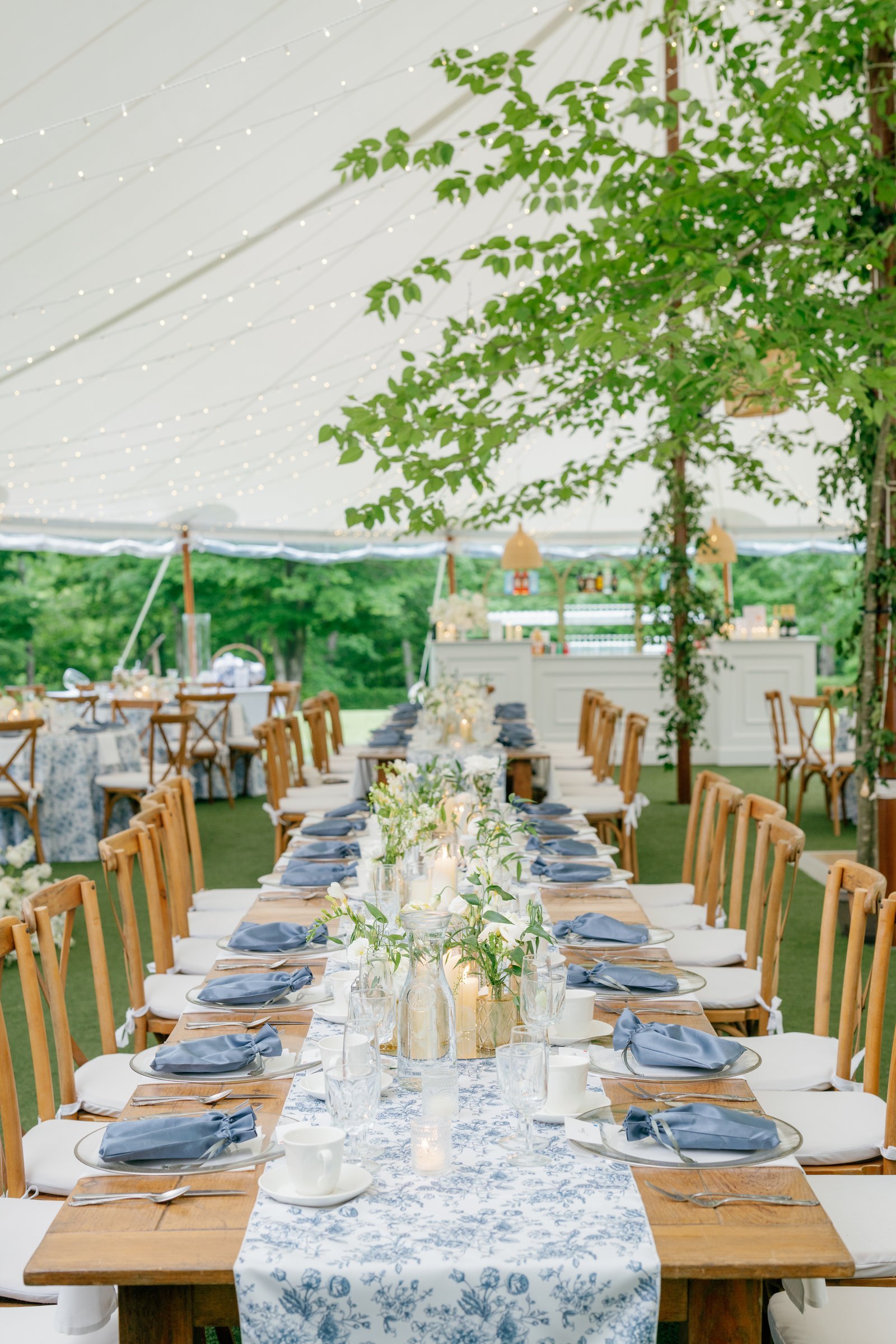 A long table with a blue toile runner and white flowers under the tent