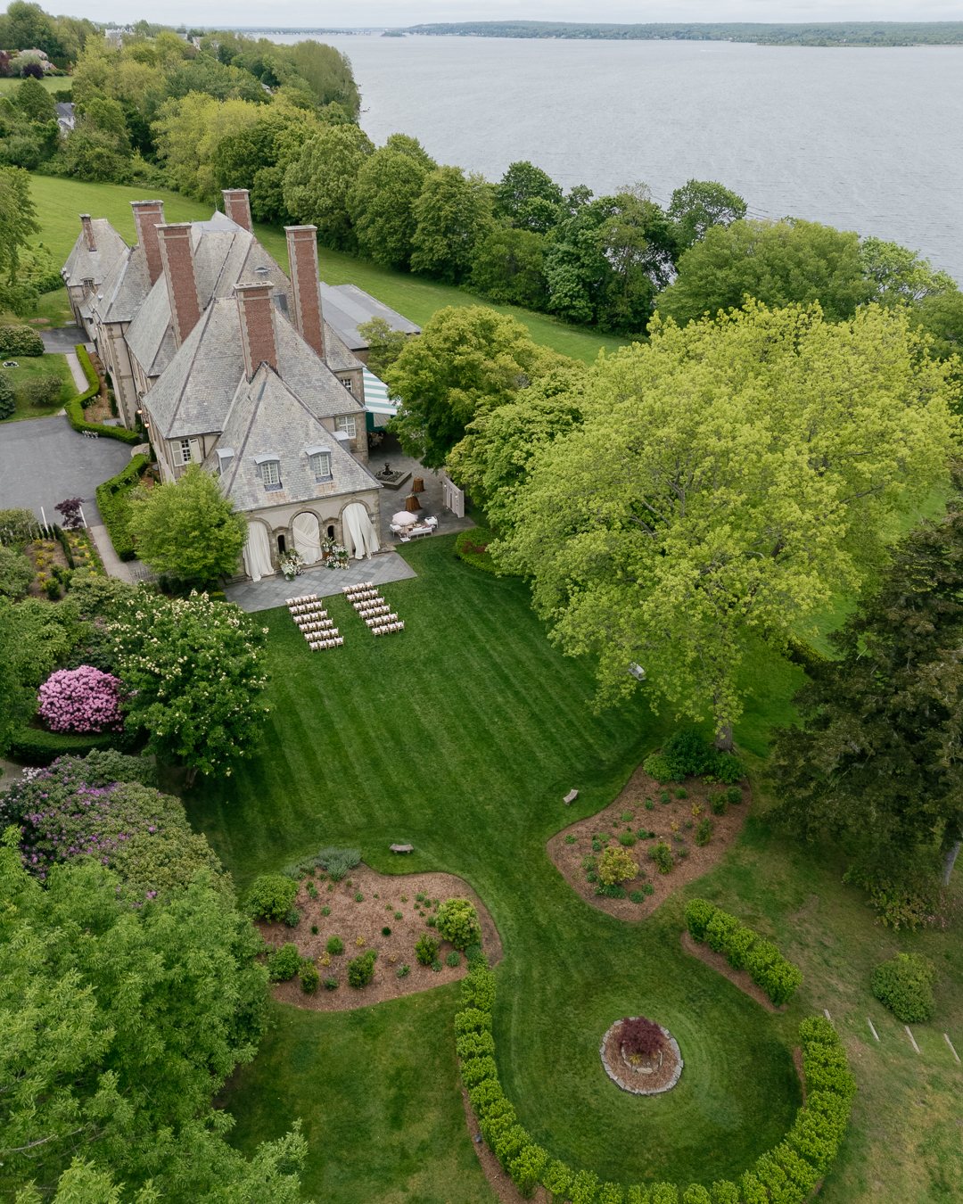 Aerial view of Glen Manor House and gardens above Narragansett Bay, Portsmouth, Rhode Island. Photographed by Shukhrat Kamalov.
