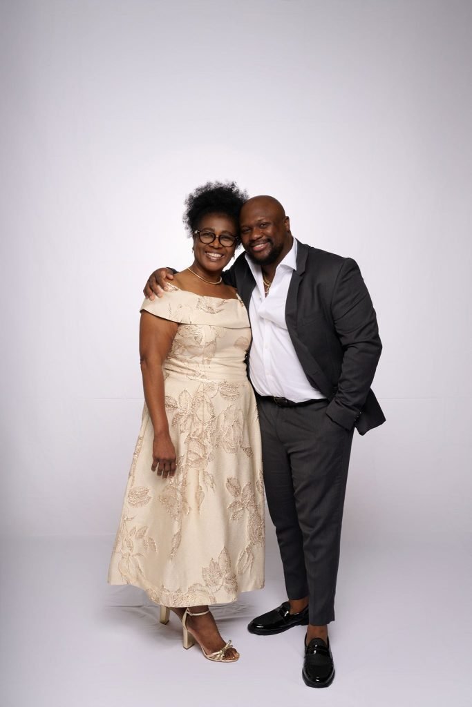 Wedding guest portrait on a white seamless backdrop